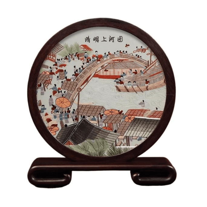 [중국 직송] 청명절 강변을 따라 놓인 정교한 수저우 자수 핸드메이드 실크 자수 장식품 (21.5*24*4.5cm)