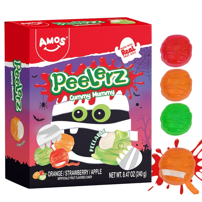 AMOS Peelerz Gummies Candy 4D Mummy Shaped Halloween Candy Treats for Kids 8.47oz 【Orange+Strawberry+Apple 3Flavor】
