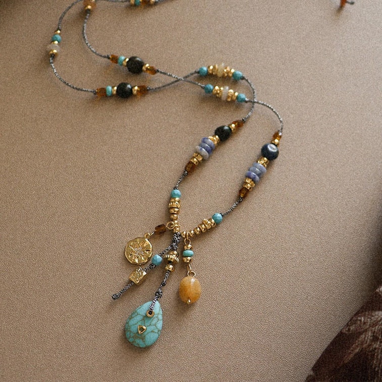 Long Retro Ethnic Style Exquisite Topaz Turquoise Sweater Necklace For Women Light Luxury Niche High Grade Braided Rope Necklace One Piece 3