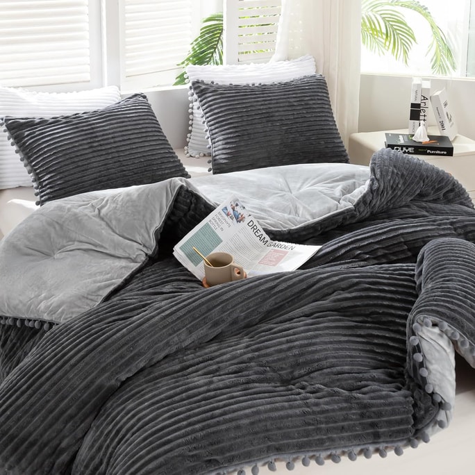 Striped velvet - grey and white two-piece set -T quilt :168*229cm*1 pillowcase :51*66cm*1