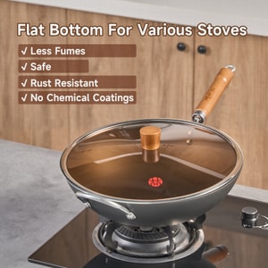 32CM Chinese Carbon Steel Wok And 26CM Carbon Steel Pan with Lid Flat Bottom No Chemical Coated for All Stoves