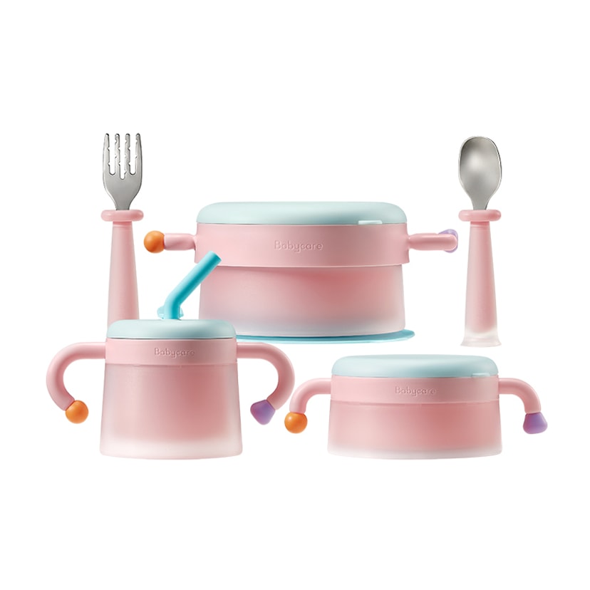 Baby Supplementary Food Bowl Thermostatic Suction Bowl Pink-Five-piece Set Water Insulation Bowl