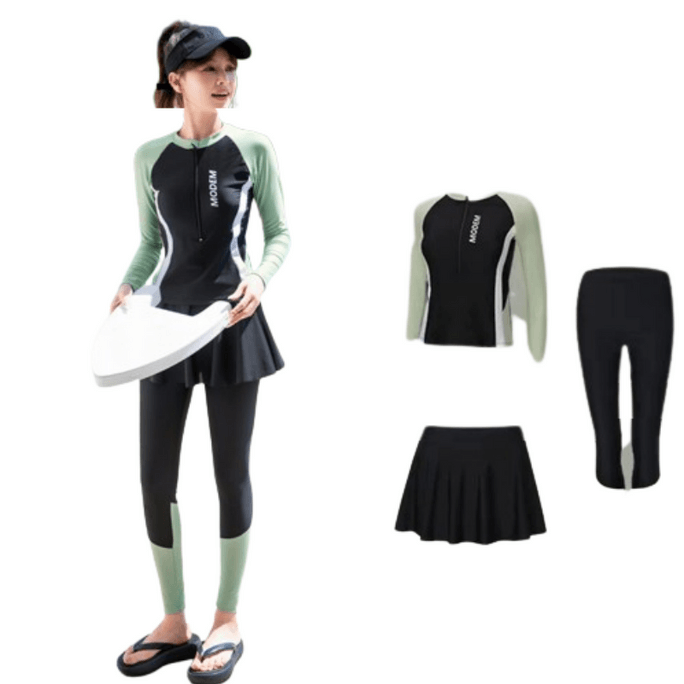 Split Swimsuit Long Sleeve Long Shorts Sunscreen Slimming Black Green 3 Piece Set   XL(Recommended 110-125kg)