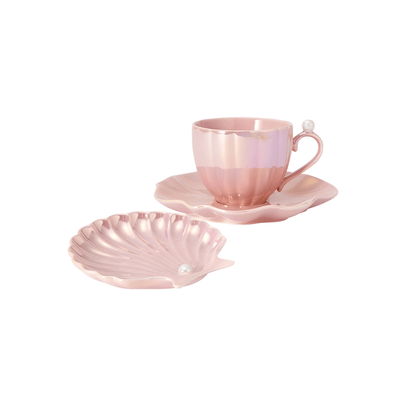 OPAL Shell Cup and Saucer Pink + Small Plate Pink