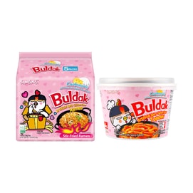 Korean Buldak Noodles Carbonara Ramen 5 Packs* 4.58oz+Carbonara Topokki 6.31 oz,Spicy Chicken Cheese Flavor