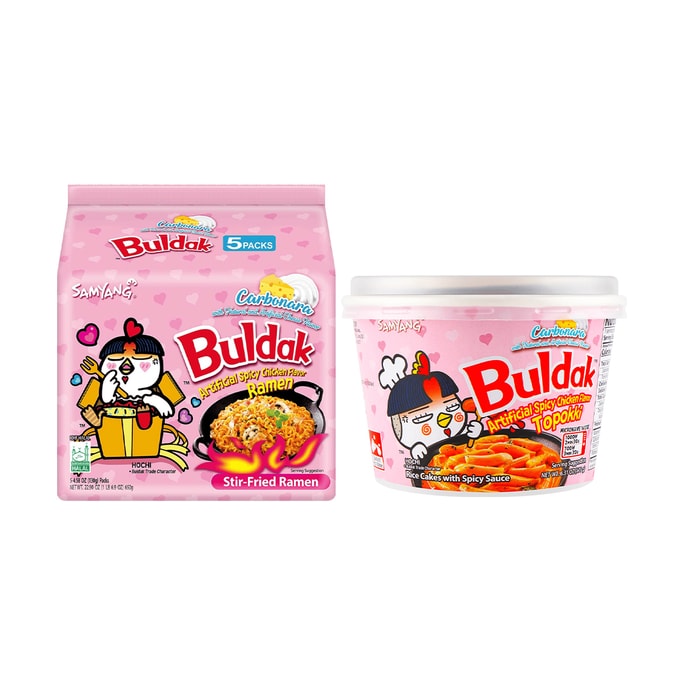 Korean Buldak Noodles Carbonara Ramen 5 Packs* 4.58oz+Carbonara Topokki 6.31 oz,Spicy Chicken Cheese Flavor 【2 Packs】