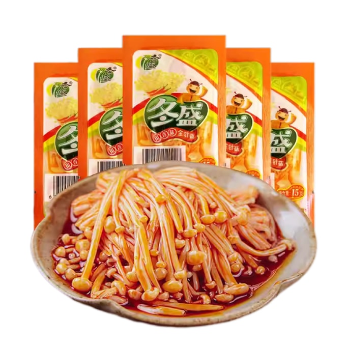 Enoki mushrooms in small packages of slightly spicy Sichuan-style enoki mushrooms are sold in bulk 15 grams*10 bags