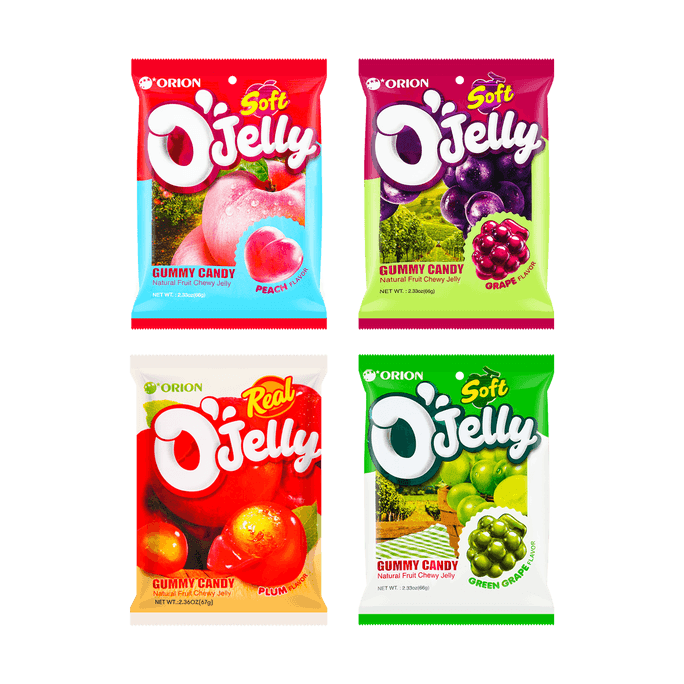【Value Pack】O'Jelly Gummy Jelly- 4 Flavors,Plum Flavor,Peach Flavor,Green Grape Flavor,Grape Flavor,9.35oz