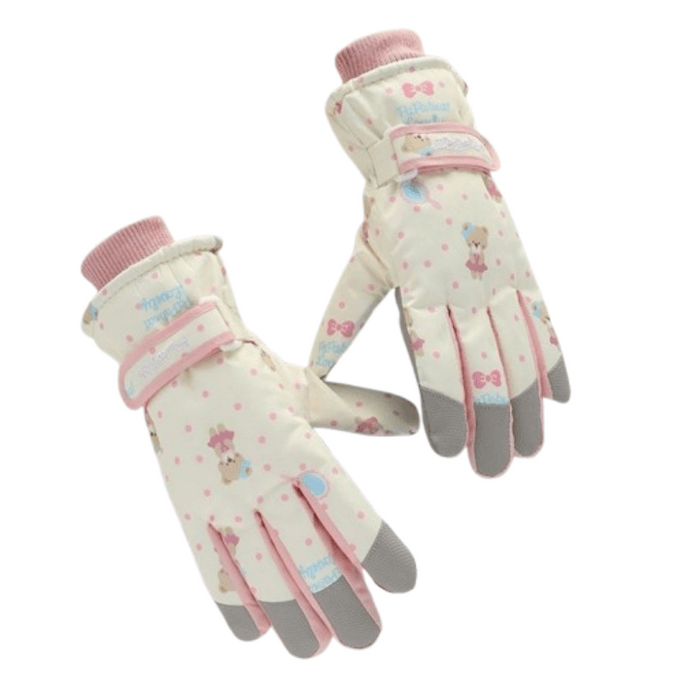 Women's Winter Fleece-Lined Outdoor Ski Gloves for Cycling, Hiking, and Sports - Thickened Waterproof, Windproof, and Warm Gloves Beige Bear Design - One Pair