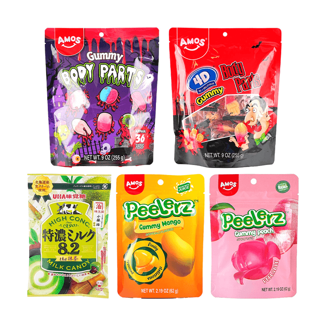 美国AMOS阿麦斯 芒果味剥皮软糖+白桃味剥皮软糖+2D身体器官橡皮糖+4D身体器官橡皮糖+UHA悠哈抹茶味觉糖 704g【超值5包装】
