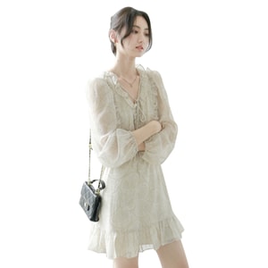 New V-Neck Lace Up Design With A Gentle And Stylish Short Dress In Champagne Color L