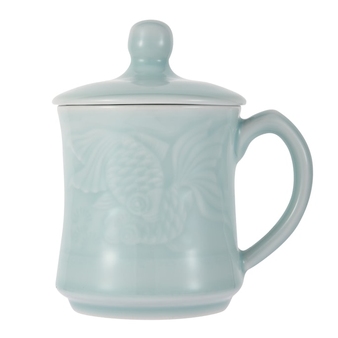 Celadon Teacup Coffee Mug Milk Cup Green Valley Pisces Pattern Celadon Cup with Lid 13oz Light Greenish Blue