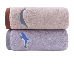 [중국발 다이렉트 메일] Jie Liya 순면 두꺼운 수건 고래 브라운 + 돌핀 그레이 72×34cm*2 팩