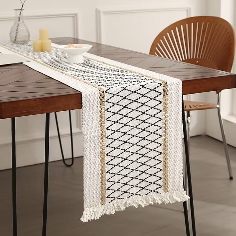 【중국 직송】 HSPM 새 면 리넨 술 테이블 러너 블랙 그리드 대마 로프 30*450cm 3