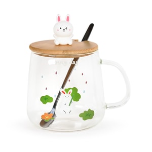 GINKGOHOME Cute Rabbit Mug Glass Mug with Spoon and Wood Lid - Rabbit 4 8oz