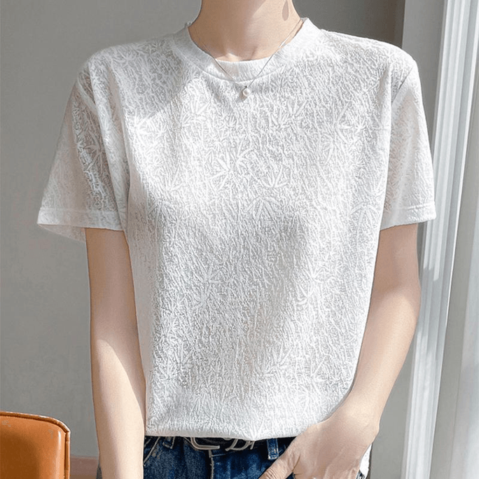 Chinese Style Tencel Knit Jacquard Round Neck Short Sleeves T Shirts White M