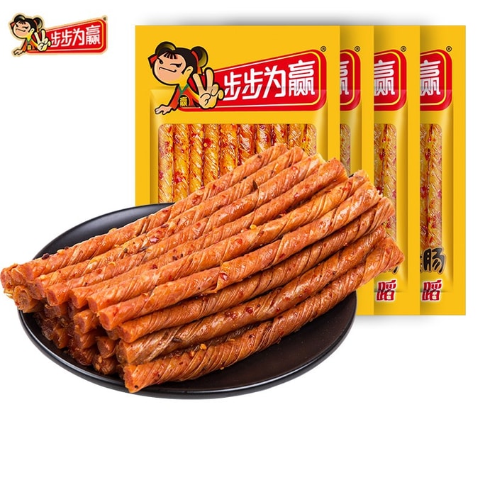 【中國直郵】 步步為贏 牛汁素腸麻辣條豆皮卷湖南特產休閒零食8090後兒時童年記憶 50g牛汁素腸X5包