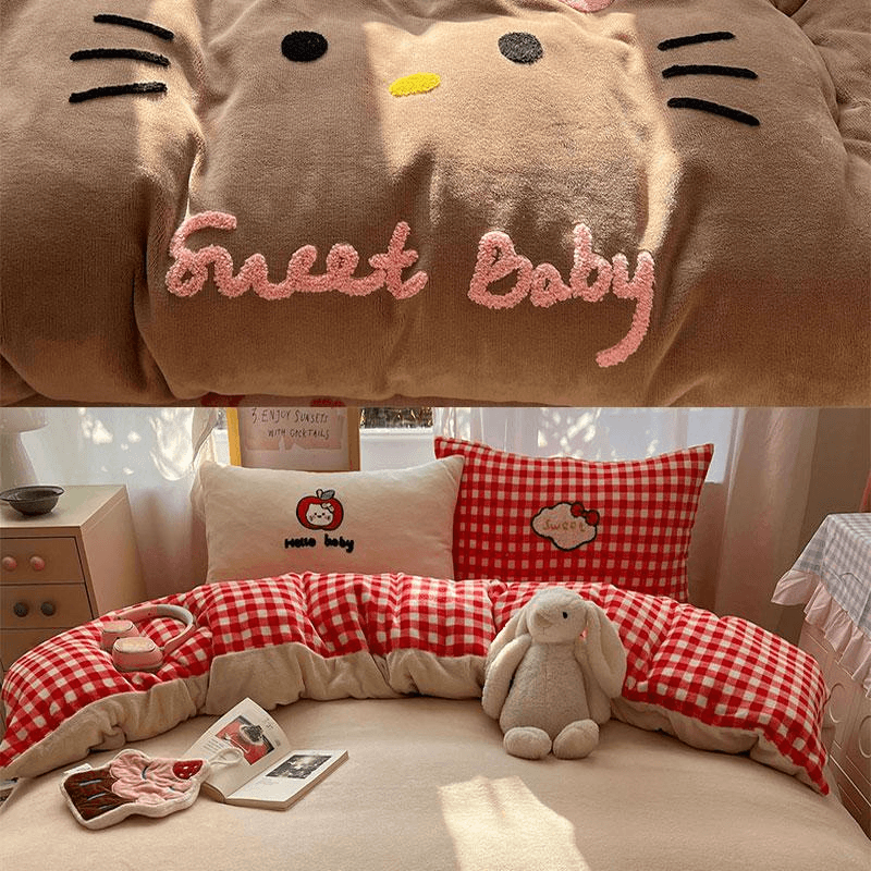 【中國直郵】 Lullabuy 黑皮貓貓牛奶絨床上三件套 床品被套枕套 咖色-Twin