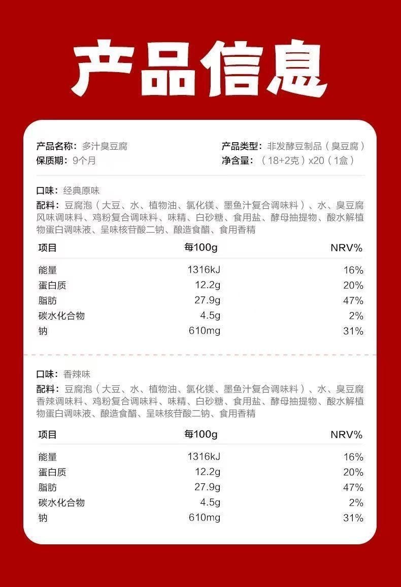 卫龙 【新品上市】多汁臭豆腐【长沙特色】香辣味豆腐干解馋零食20g*10