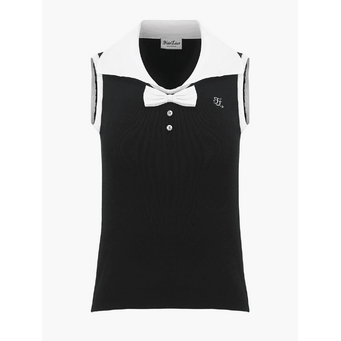 Open Collar Ribbon Sleeveless Knit-2 Colors Black / XS