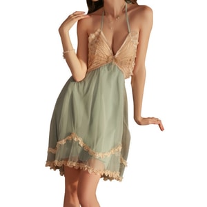 Pajamas Skirt Sexy Mesh Chest Cushion Butterfly Suspender Home Clothing Green M (No Stockings)