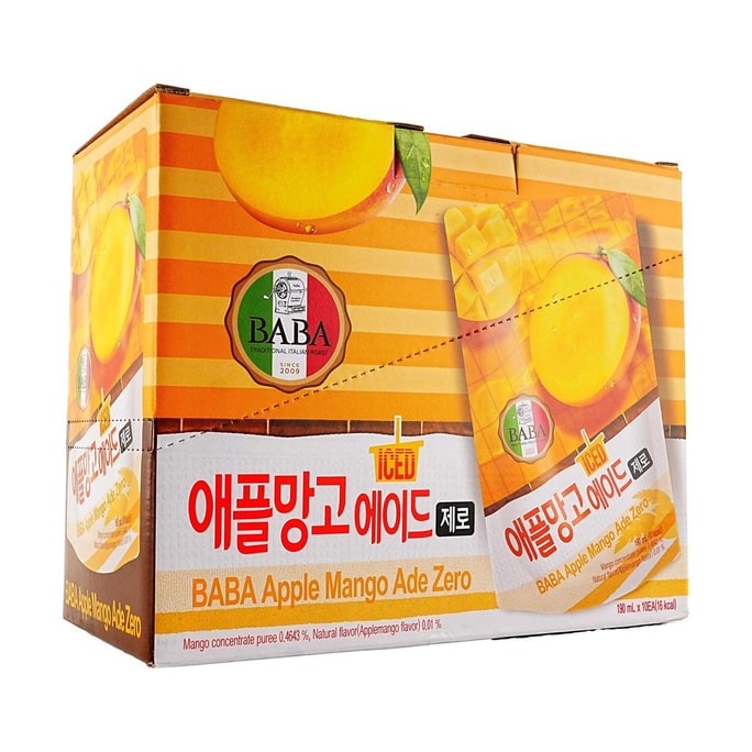 BABA 애플 망고 에이드 주스, 6.42 fl oz*10팩【설탕 0칼로리 0지방】