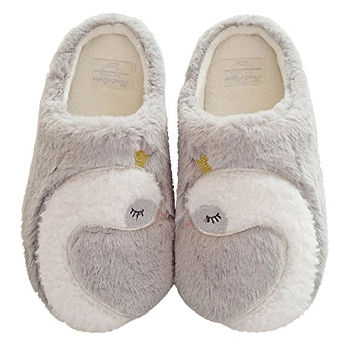 Women’s Swan Pattern Fleece Memory Foam House Slippers Grey 38-39