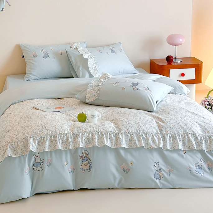 Alice's Secret Garden Bedding Set For 1.2m Beds, 100% Cotton With Rabbit Embroidery And Floral Lace. Breathable, Moisture-absorbent, Cozy Forest Style For A Sweet, Dreamy Bedroom.