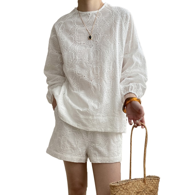 New French Hollowed Out Embroidered Round Neck Loose Shirt And Elastic Shorts Set In White S