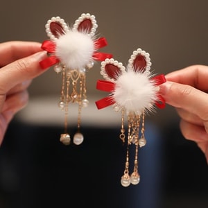 New Children's Chinese Style Hanfu Hair Clip Headpiece With Small Lucky Rabbit Pair F