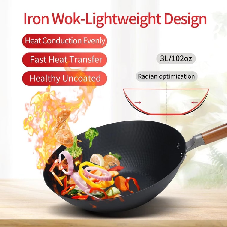 30CM Lightweight Carbon Steel Wok for Women Uncoated Carbon Steel Pan and 18CM Stainless Steel Pan Set For Gas & Induction 4