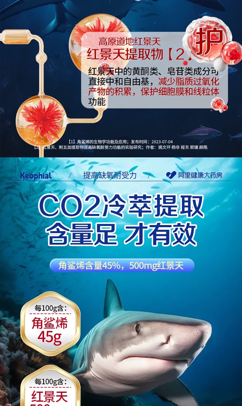 【中國直郵】 KEOPHIAL 角鯊烯紅景天軟膠囊 防高反缺氧提升缺氧耐受力 60粒/瓶