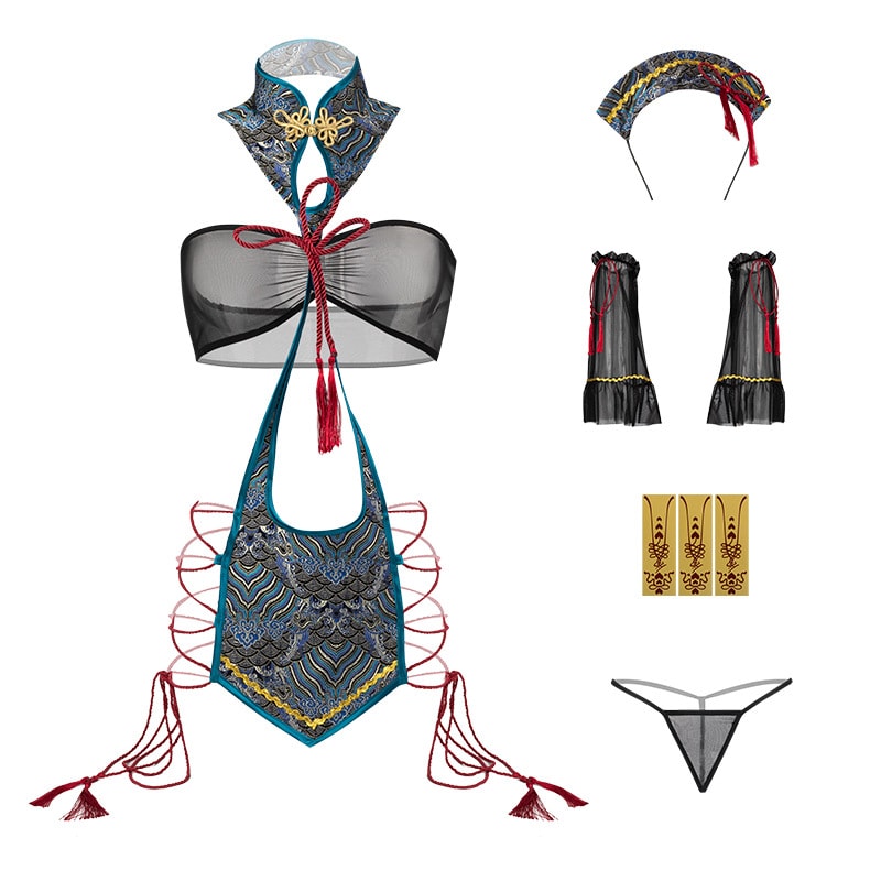 【中國直郵】 曼煙 情趣內衣 性感鏤空片式掛脖裙 黑藍色 均碼