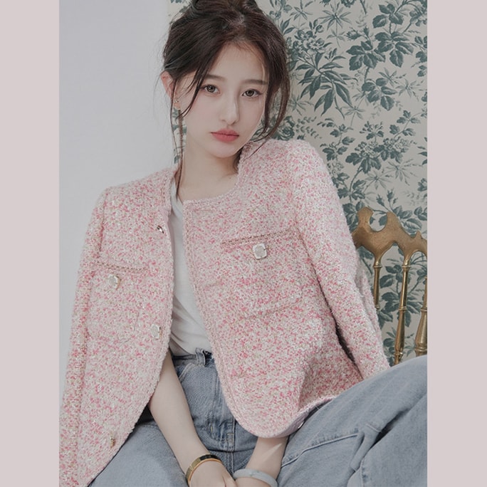 【中国直邮】HEY+JEANS 春秋新款法式复古小香风粉色外套 粉红色 M