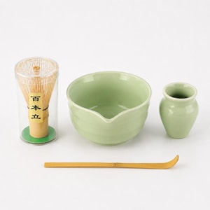 Matcha Whisk Set with Spout, Light Green, Includes Bowl Whisk and Scoop, Japanese Tea Ceremony Tools