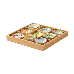 Nine-Grid Tray Hot Pot Grid Bamboo Wood Side Dish Plate Dessert Tea Snack Box with 9 Small Plates Version B