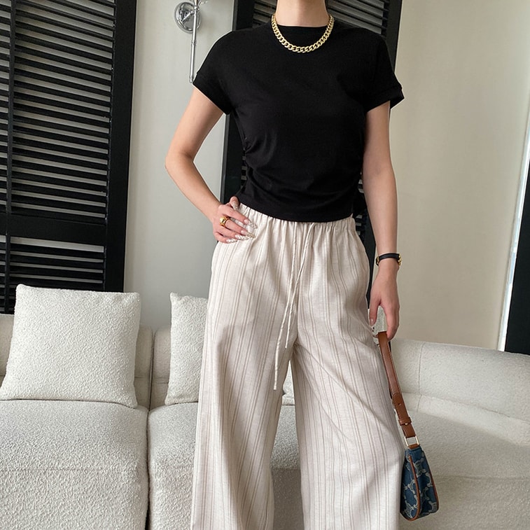 Paper Man Wearing Simple and Versatile Round Neck Folded Waist Slimming Short Sleeve T-shirt White L 9