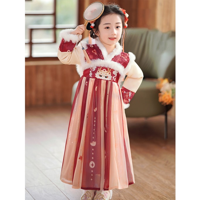 New Girls' Cute And Festive Chinese Style Velvet Hanfu Dress Red 100