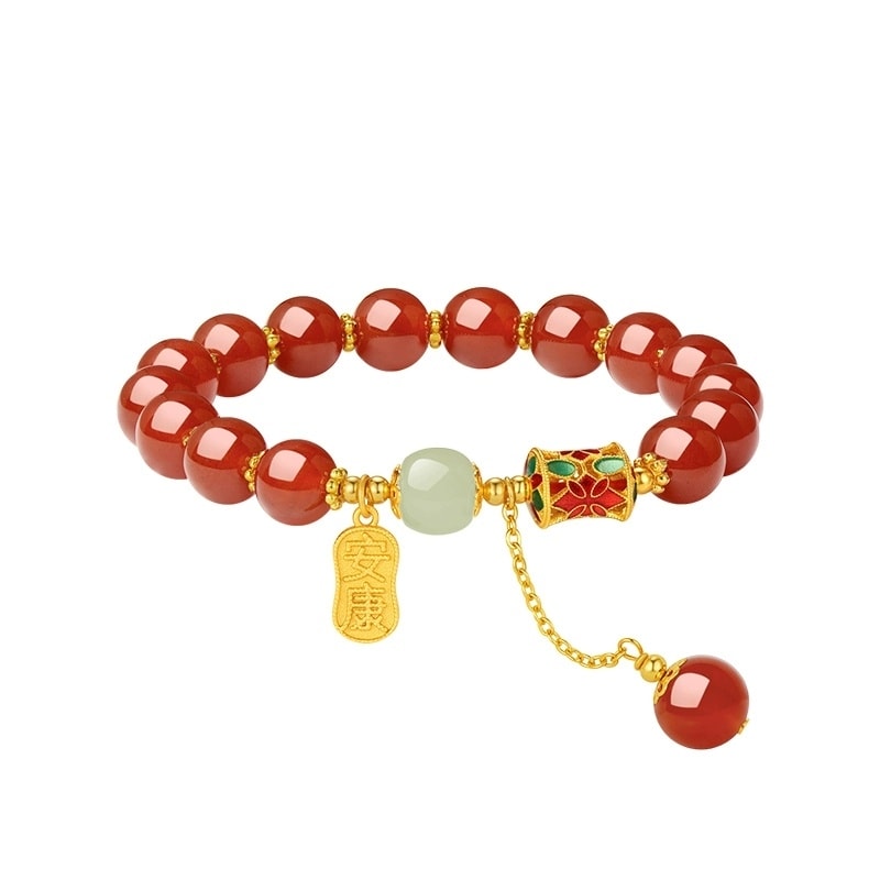 【中国直邮】 周大生 红玛瑙玉髓手链女生和田玉红豆高级国风手串生日礼物送女友 一个装