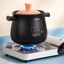 분홍색 뚜껑이 있는 둥근 검은색 도자기 점토 냄비 캐서롤 접시 4.5L