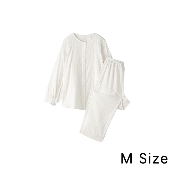 【日本直邮】 日本 MUJI 無印良品 女式雙層紗織 點狀提花 長袖 睡衣 純棉套裝 女士家居服 米白色 M碼 1套