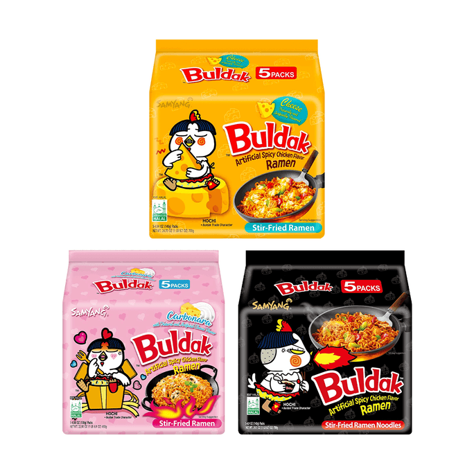 Korean Buldak Noodles Stir-Fried Ramen - Habanero Lime, Carbonara , Cheese Flavor, 15Packs, 72.25oz【Value Packs】