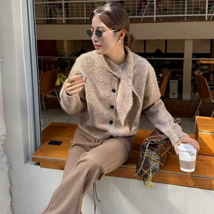 【カナダ直送】SCENARIO ウール混 コージーニットカーディガン スカーフカラー付き (フリーサイズ) 3色展開 カーキ (フリーサイズ)