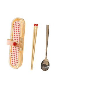 Stainless Steel Chopstick Spoon With Storage Box, Red Plaid, 2‑Piece Set