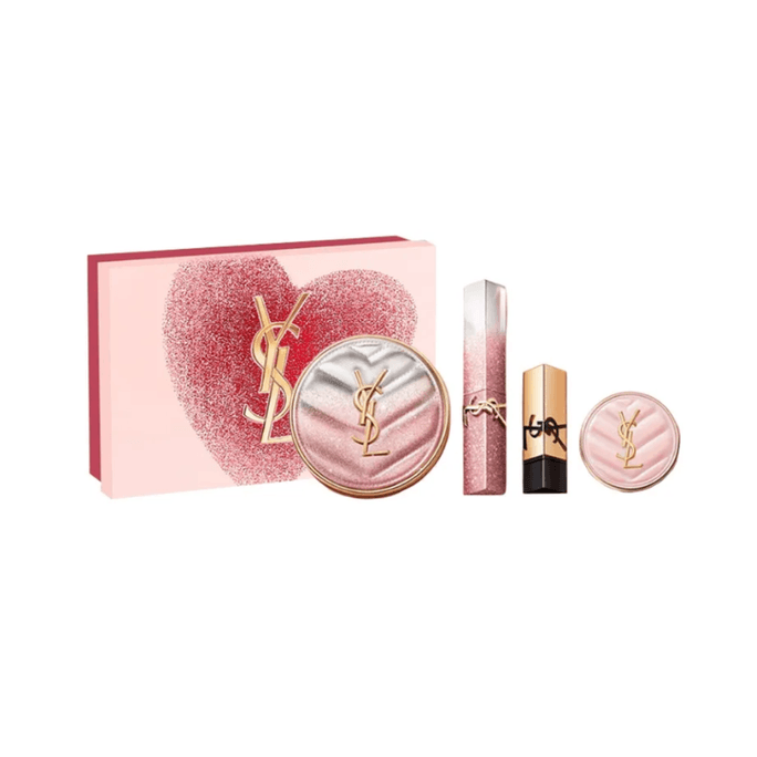 【香港直送】イヴ・サンローラン限定 スターリーナイト ギフトセット（日本限定）の内容：クッションファンデーション 12g + 5g + ミニ ゴールドバー リップスティック 2.2g (1988) + スクエアチューブ NM リップスティック 1.3g。バレンタインデーのギフトに最適です。