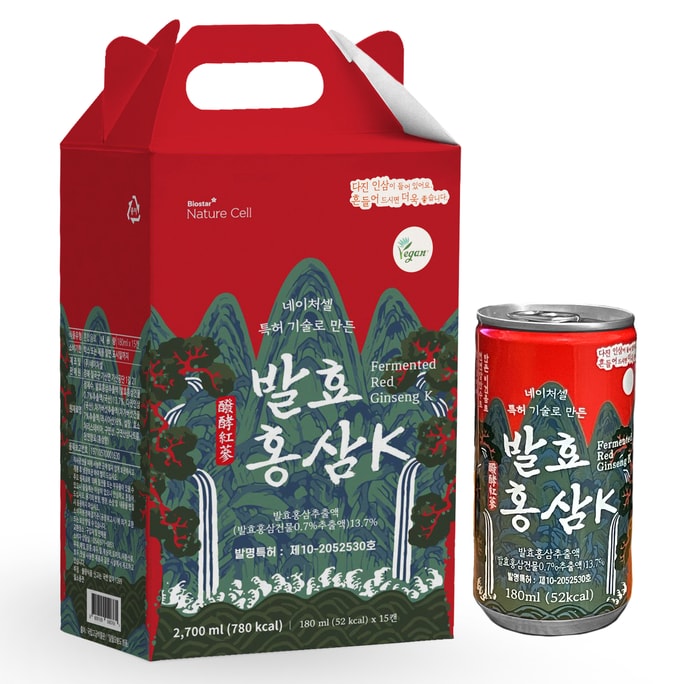 Premium Fermented Red Ginseng K with Patented Fermented Ginseng & Chaga Mushroom – Low Calorie Immune Support Drink (15 Cans × 180 ml / 6.08 fl oz)
