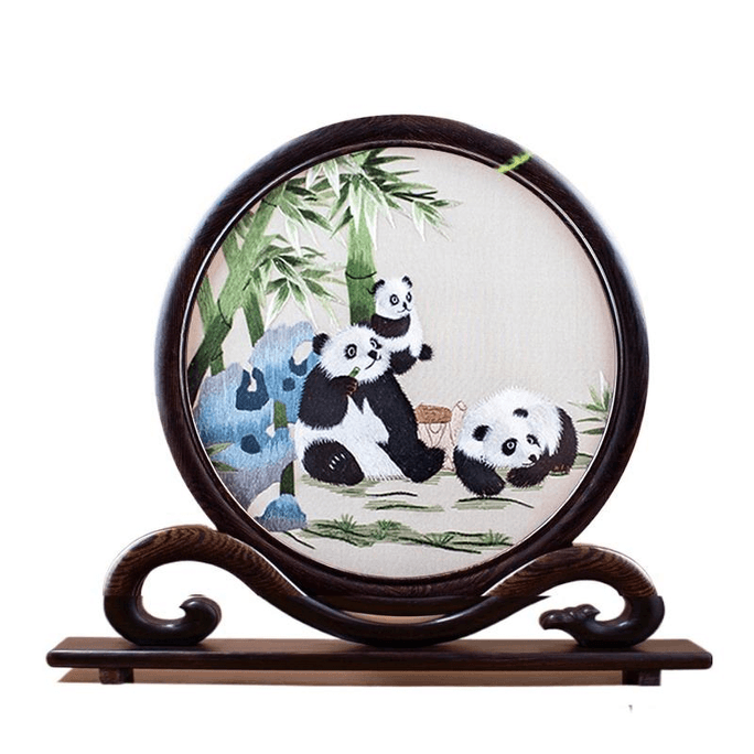 【中国直邮】 全程锦绣 手工双面苏绣摆饰 鸡翅木底座居家摆饰 黑白色 26*29cm