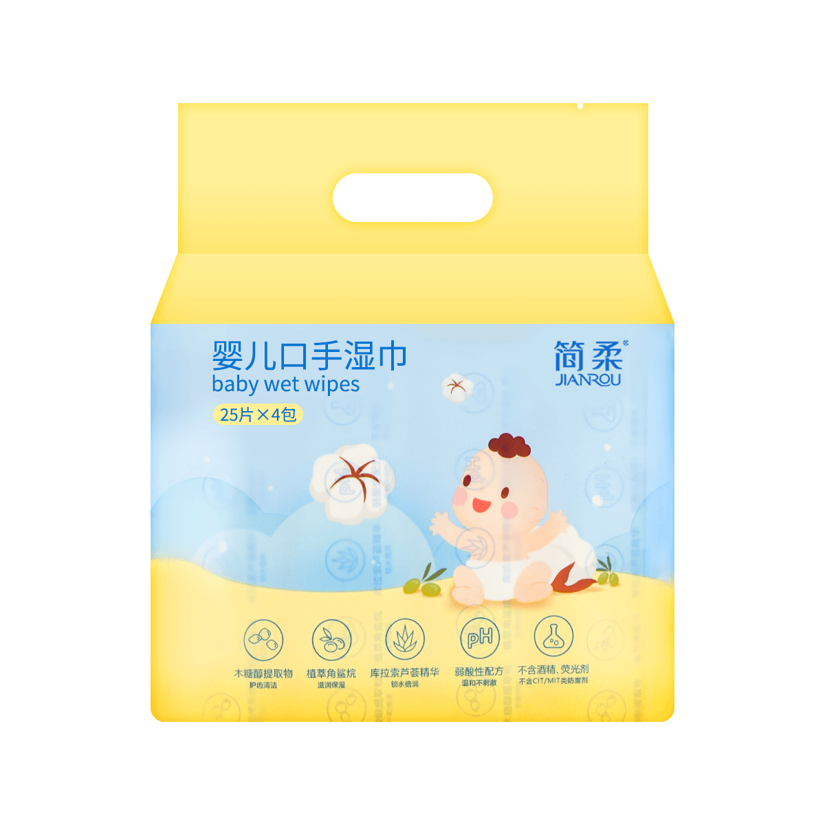 【买二赠一】JIANROU简柔 99%纯水 婴儿湿巾 温和型 成人适用  含有机洋甘菊精华 25片/包 x 4提 怎么样 - 亚米网