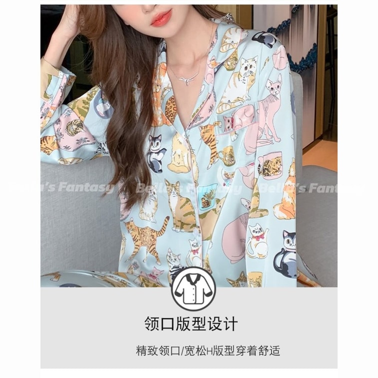 美国 Bella’s Fantasy Bella's Fantasy 赵露思同款猫咪手绘冰丝长袖长裤秋冬睡衣套装超热卖 水蓝色 M 8