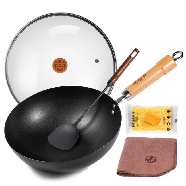 28CM Upgraded Carbon Steel Wok + Spatula Carbon Steel Pan Flat Bottom No Chemical Coated For All Stoves